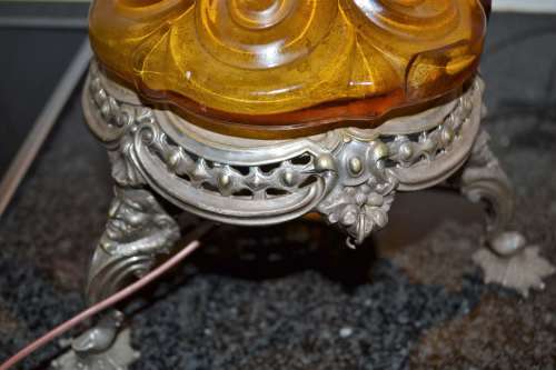 Vintage Amber Glass Lamp with Metal Rococo Style Base