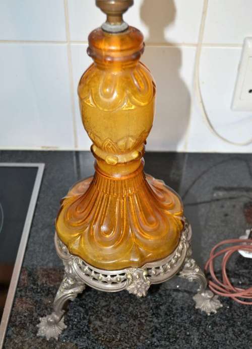 Vintage Amber Glass Lamp with Metal Rococo Style Base