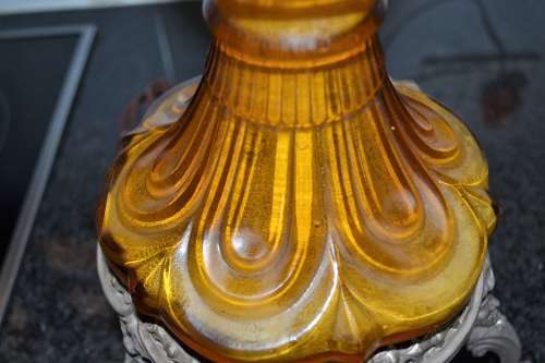 Vintage Amber Glass Lamp with Metal Rococo Style Base