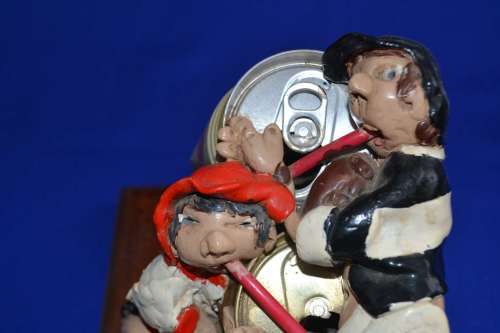 Vintage Beer can and Clay Figure bar Art