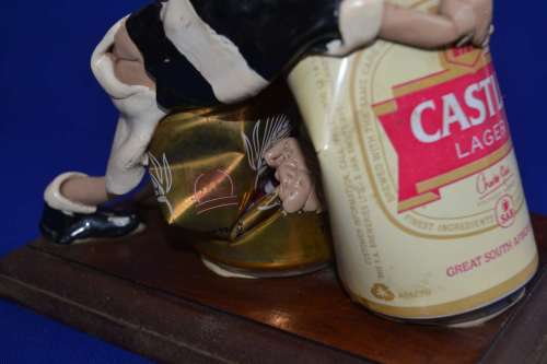 Vintage Beer can and Clay Figure bar Art