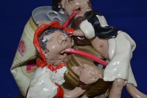 Vintage Beer can and Clay Figure bar Art