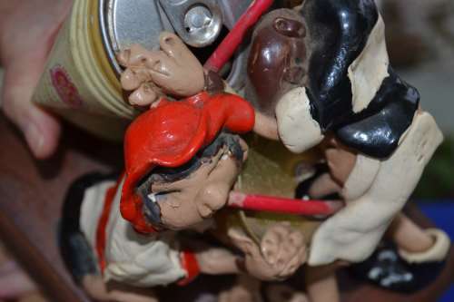 Vintage Beer can and Clay Figure bar Art