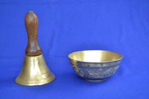 Brass Bell with Wooden Handle and /small Brass Bowl