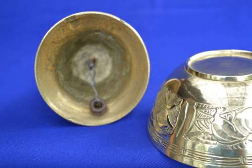 Brass Bell with Wooden Handle and /small Brass Bowl