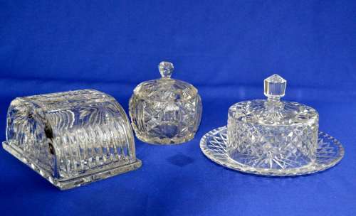 Cut Crystal Butter Dish, Dome Cheese Plate and Lidded Jam Jar