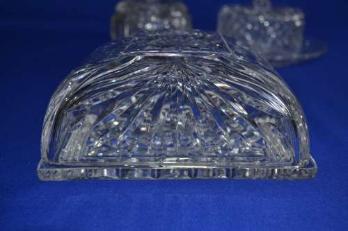 Cut Crystal Butter Dish, Dome Cheese Plate and Lidded Jam Jar