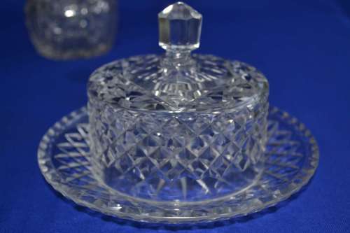 Cut Crystal Butter Dish, Dome Cheese Plate and Lidded Jam Jar