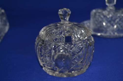 Cut Crystal Butter Dish, Dome Cheese Plate and Lidded Jam Jar