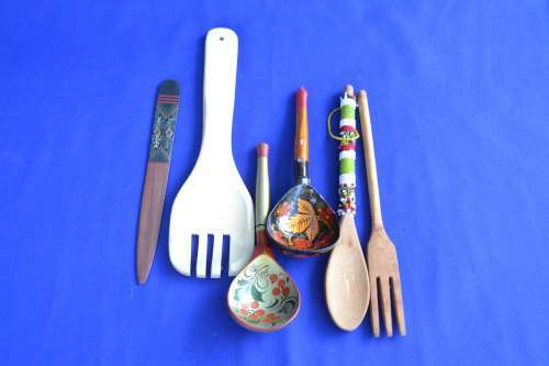 Assorted Wooden Decorative Spoons and Forks  - Six Pieces