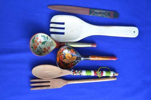 Assorted Wooden Decorative Spoons and Forks  - Six Pieces