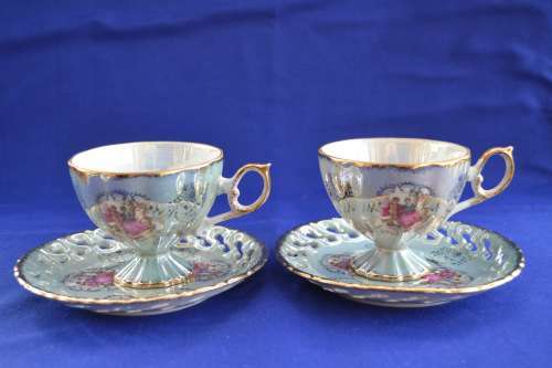Regency Fine Bone China Lustreware Footed Tea Cup and Lattice Design Saucer - Two