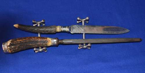 Vintage Horn hanled Sharpener, Ornate Bread/Cake Knife and Two Knife Rests