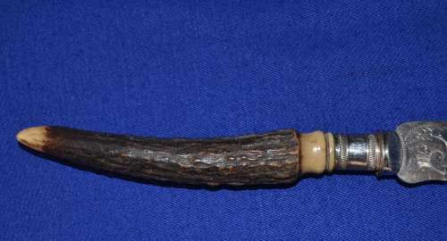 Vintage Horn hanled Sharpener, Ornate Bread/Cake Knife and Two Knife Rests