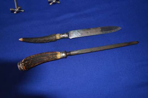 Vintage Horn hanled Sharpener, Ornate Bread/Cake Knife and Two Knife Rests