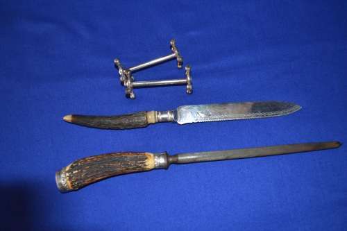Vintage Horn hanled Sharpener, Ornate Bread/Cake Knife and Two Knife Rests