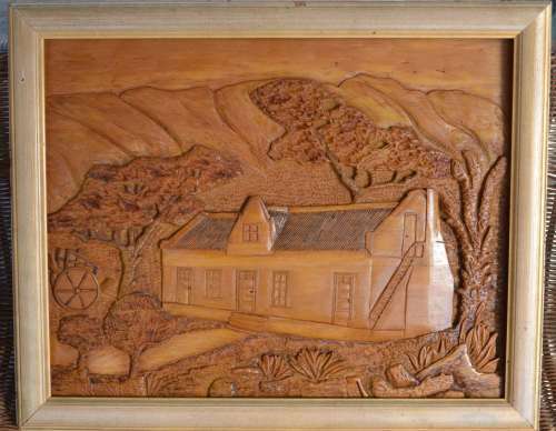 Vintage Framed Carved Wooden Wall Art - Cape Dutch House