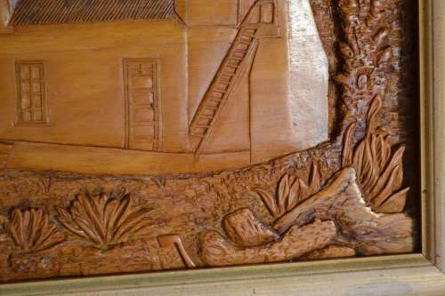 Vintage Framed Carved Wooden Wall Art - Cape Dutch House