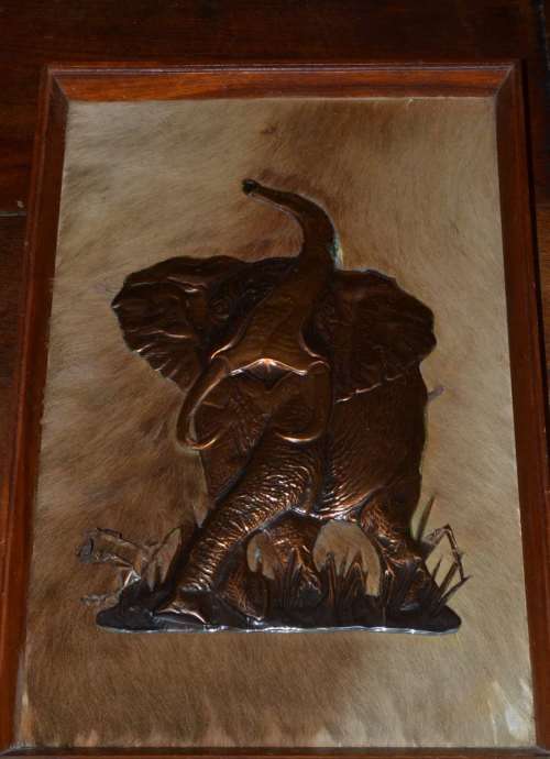 Copper Elephant Mounted on Kudu Skin with  Wooden Frame