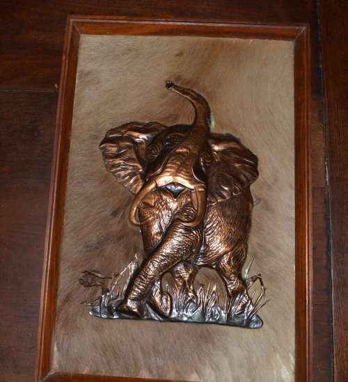 Copper Elephant Mounted on Kudu Skin with  Wooden Frame