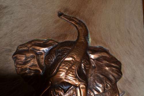 Copper Elephant Mounted on Kudu Skin with  Wooden Frame