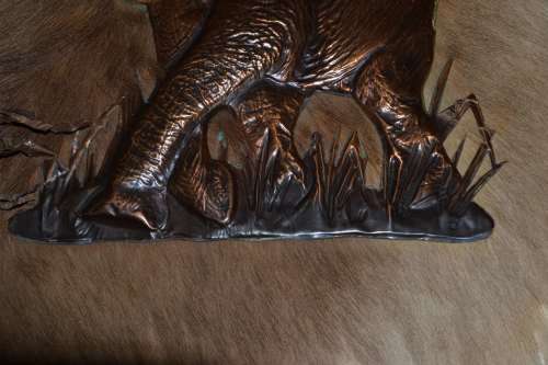 Copper Elephant Mounted on Kudu Skin with  Wooden Frame