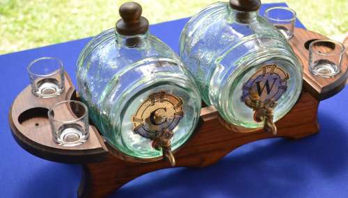 Vintage Light Green Glass Barrel Decanters on Wooden Stand