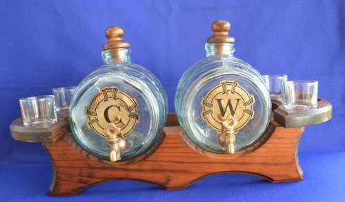 Vintage Light Green Glass Barrel Decanters on Wooden Stand