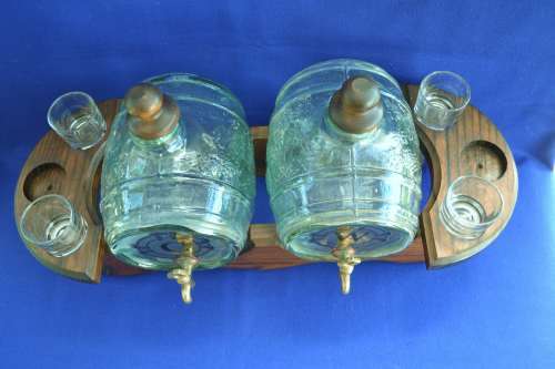 Vintage Light Green Glass Barrel Decanters on Wooden Stand