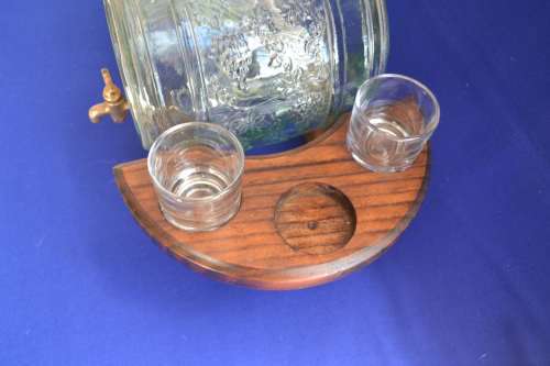 Vintage Light Green Glass Barrel Decanters on Wooden Stand