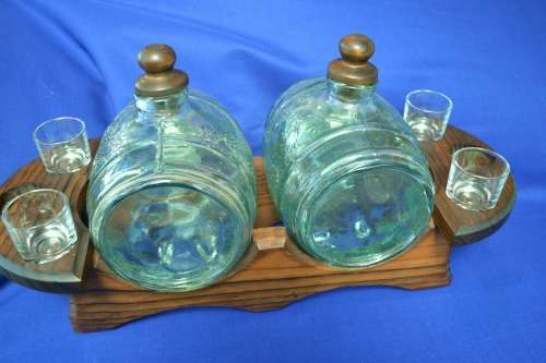 Vintage Light Green Glass Barrel Decanters on Wooden Stand