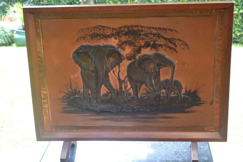 Vintage Copper Art Fireplace Screen - Elephants