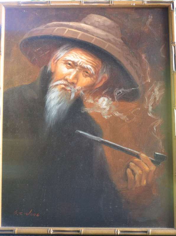 Original S.T. Wang Portrait of  a Man Smoking - Oil on canvas on Board