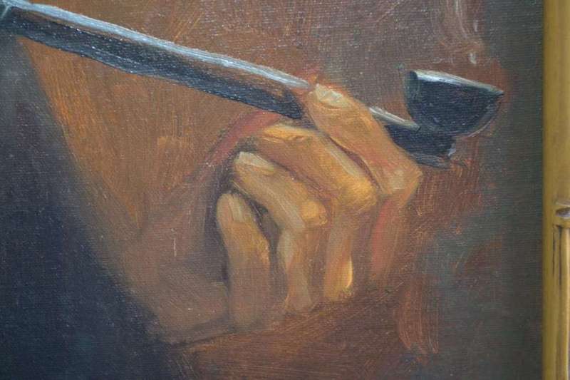 Original S.T. Wang Portrait of  a Man Smoking - Oil on canvas on Board