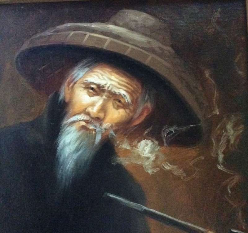 Original S.T. Wang Portrait of  a Man Smoking - Oil on canvas on Board
