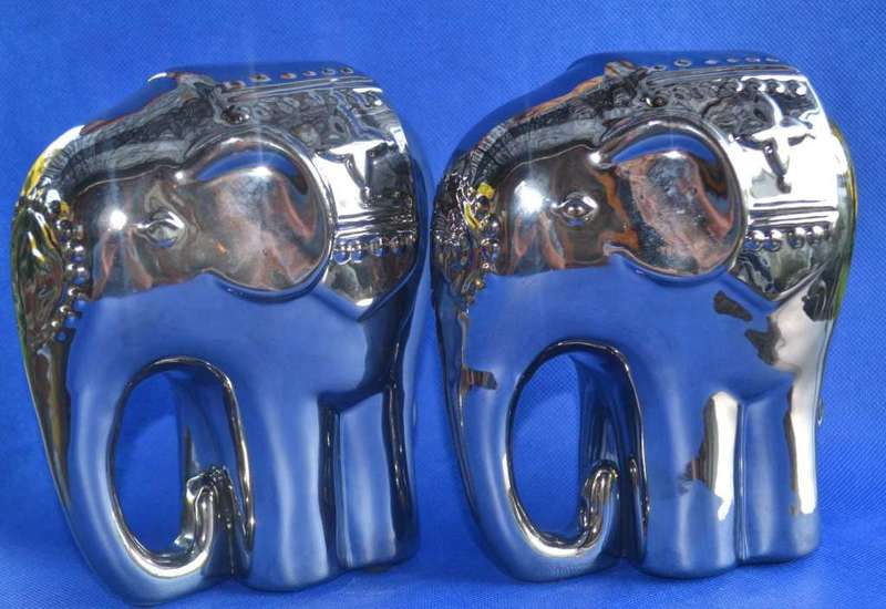 Pair of Silver Tone Ceramic Elephant Ornaments