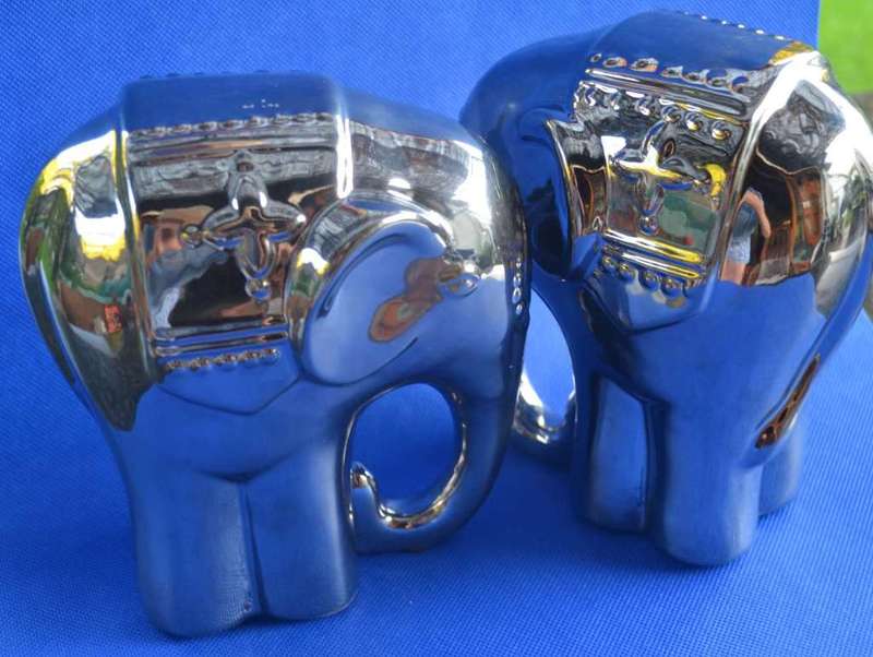 Pair of Silver Tone Ceramic Elephant Ornaments