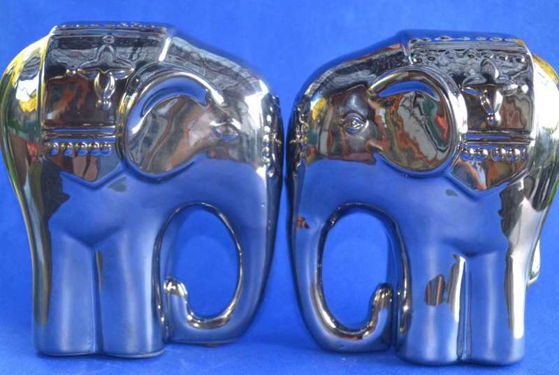 Pair of Silver Tone Ceramic Elephant Ornaments