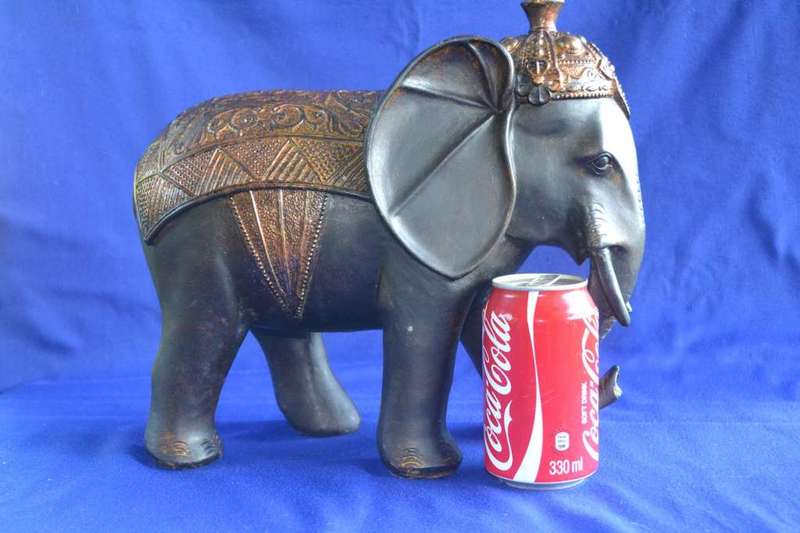 Large carved wooden Indian Elephant with Bronze Tone Cap and Coat
