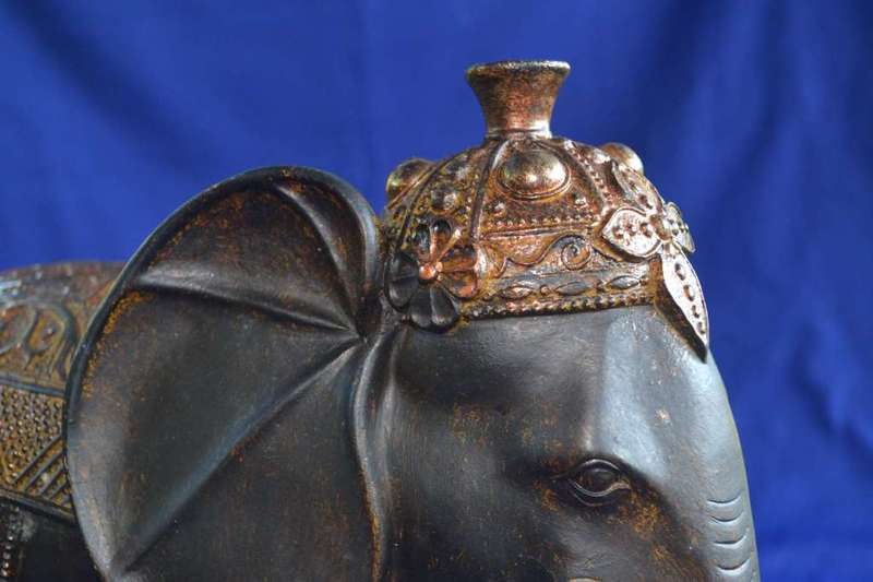 Large carved wooden Indian Elephant with Bronze Tone Cap and Coat