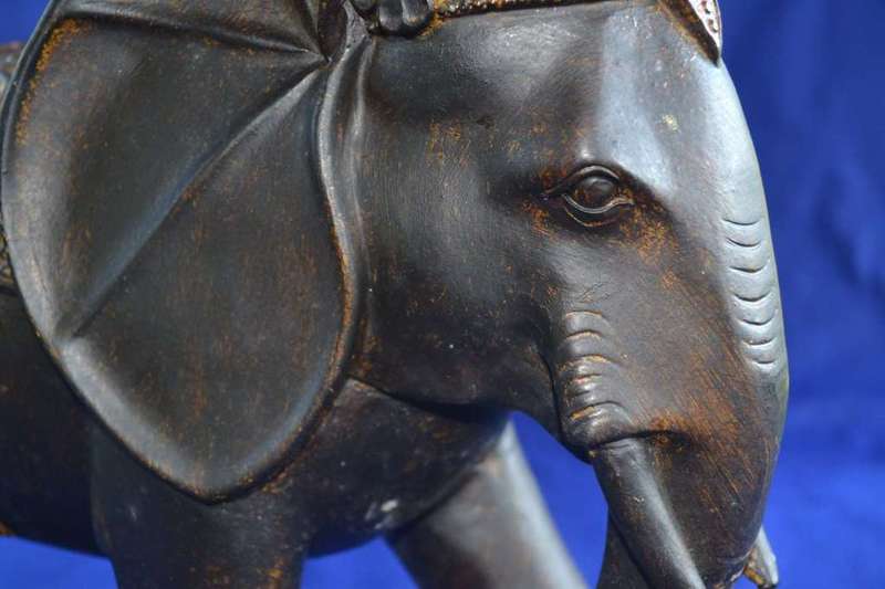Large carved wooden Indian Elephant with Bronze Tone Cap and Coat
