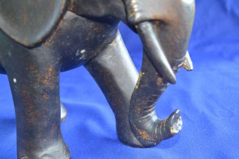 Large carved wooden Indian Elephant with Bronze Tone Cap and Coat