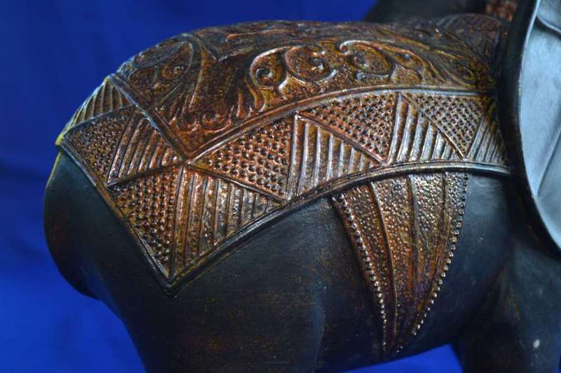 Large carved wooden Indian Elephant with Bronze Tone Cap and Coat