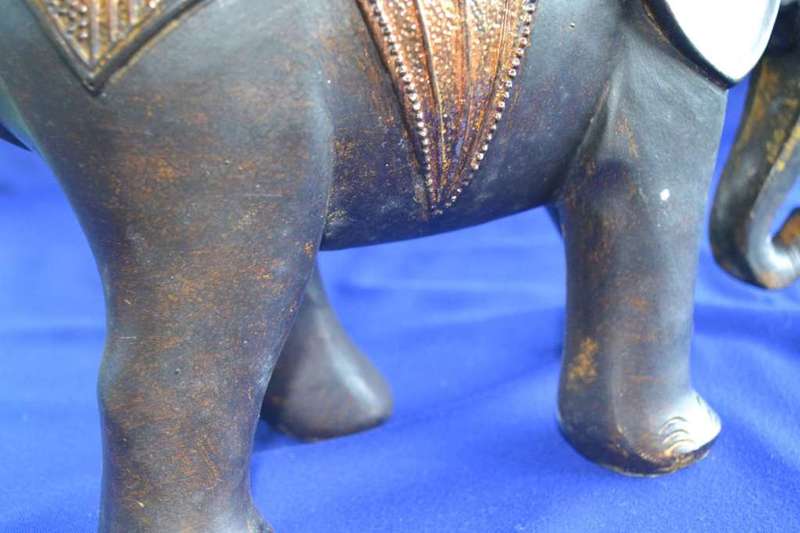 Large carved wooden Indian Elephant with Bronze Tone Cap and Coat