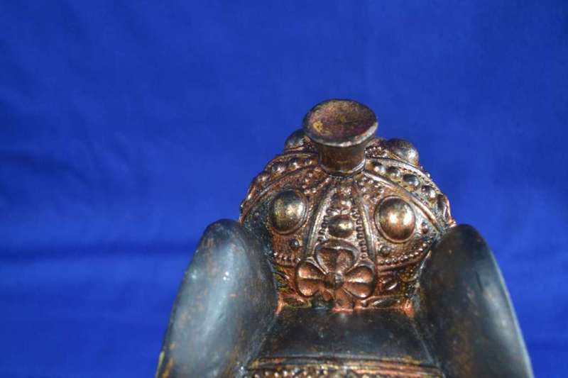 Large carved wooden Indian Elephant with Bronze Tone Cap and Coat