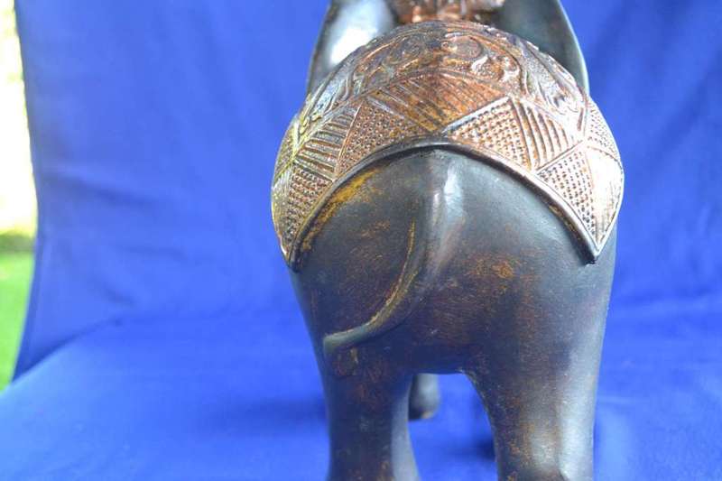 Large carved wooden Indian Elephant with Bronze Tone Cap and Coat