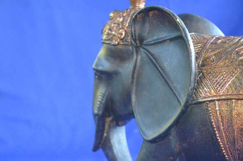 Large carved wooden Indian Elephant with Bronze Tone Cap and Coat