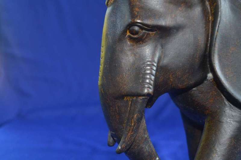 Large carved wooden Indian Elephant with Bronze Tone Cap and Coat