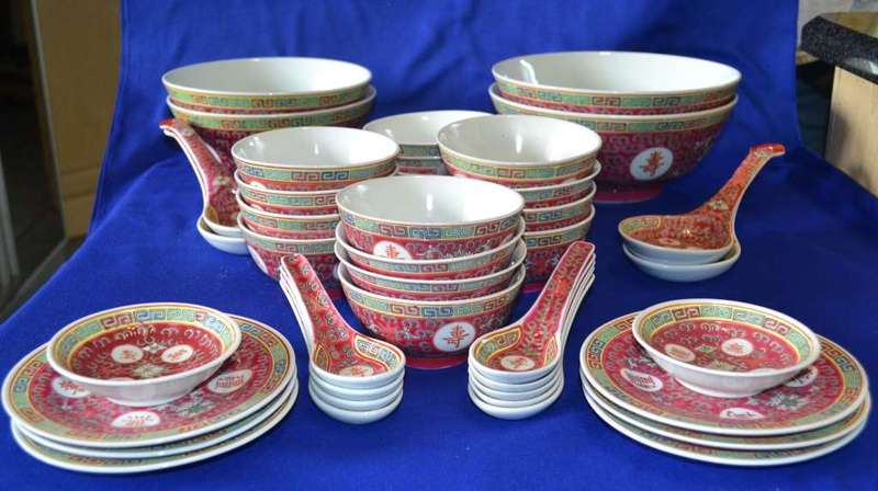 Vintage Chinese Mun Shou Porcelain Famile Rose Set in he Longevity Pattern - 40 Pieces