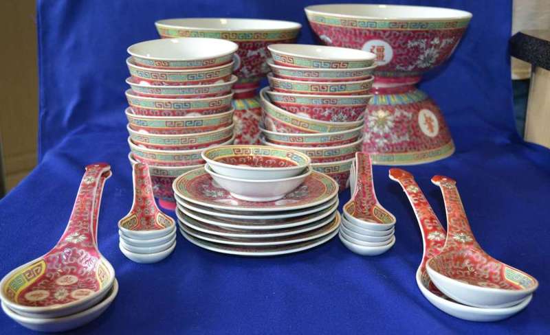 Vintage Chinese Mun Shou Porcelain Famile Rose Set in he Longevity Pattern - 40 Pieces